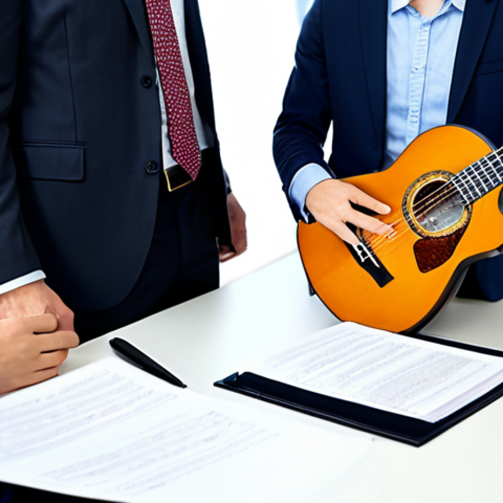 A Copyright Lawyer Meeting with a Musician**

"A professional female lawyer in a modern office, wearing a business suit, fully clothed, meeting with a male musician holding a guitar case, appropriate attire, discussing copyright protection for his music, safe for work, professional environment, perfect anatomy, correct proportions, well-formed hands, natural pose, family-friendly, legal documents on the desk, bright and airy lighting."

**