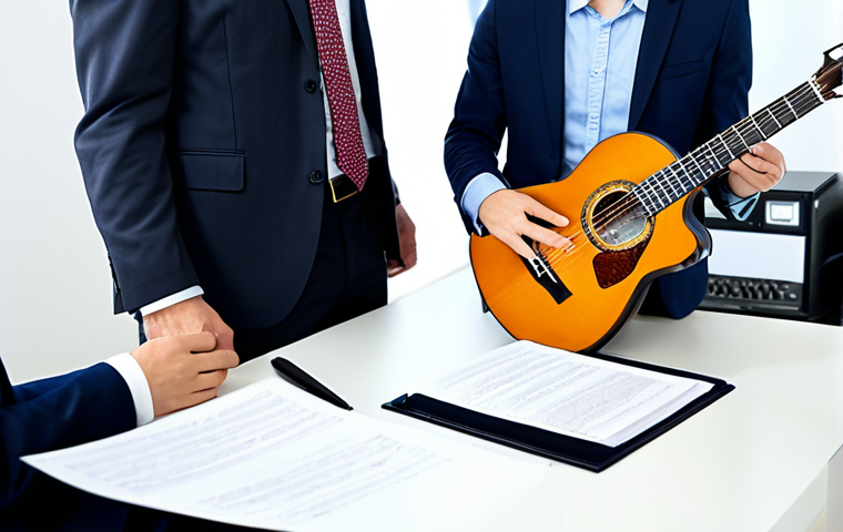A Copyright Lawyer Meeting with a Musician**

"A professional female lawyer in a modern office, wearing a business suit, fully clothed, meeting with a male musician holding a guitar case, appropriate attire, discussing copyright protection for his music, safe for work, professional environment, perfect anatomy, correct proportions, well-formed hands, natural pose, family-friendly, legal documents on the desk, bright and airy lighting."

**