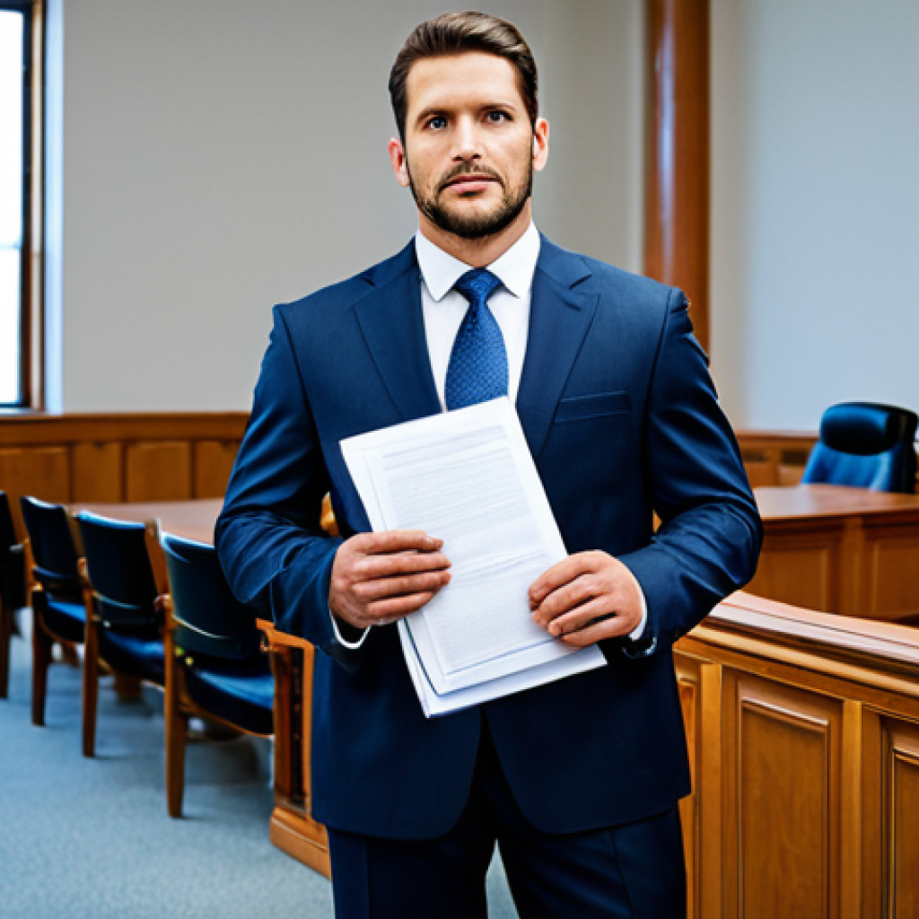 Intellectual Property Litigation**
"A professional lawyer in a modest business suit, standing in a modern courtroom, holding legal documents, fully clothed, appropriate attire, safe for work, perfect anatomy, correct proportions, professional legal environment, high quality, professional"
**
