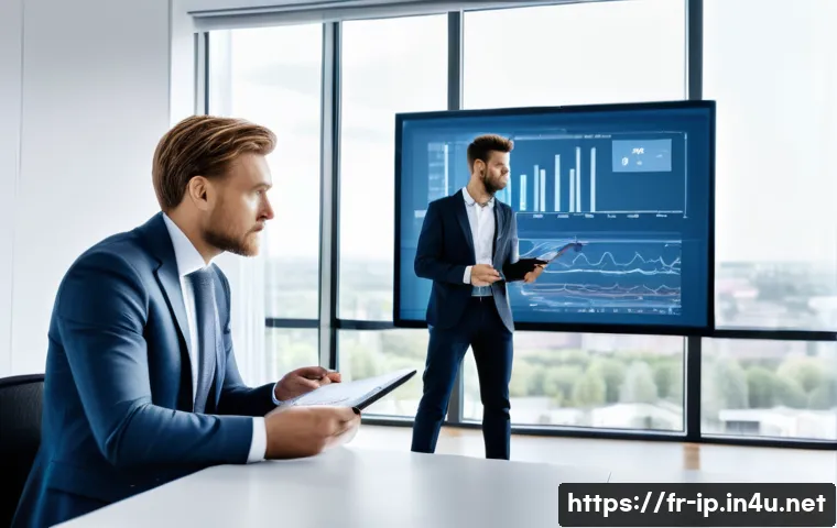 지적재산권 업무에서의 협상 스킬 - A professional negotiation scene in a modern office setting focused on intellectual property rights,...