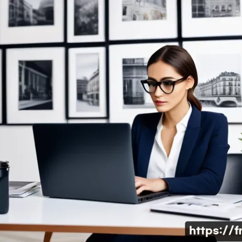 Home 32 지적재산권 실무 케이스 스터디 - A professional female photographer in a modern Parisian studio, surrounded by high-end cameras and a...