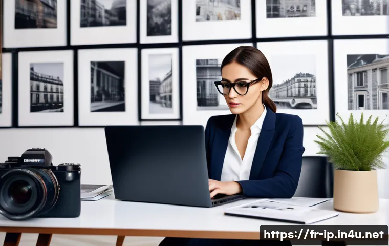 지적재산권 실무 케이스 스터디 - A professional female photographer in a modern Parisian studio, surrounded by high-end cameras and a...