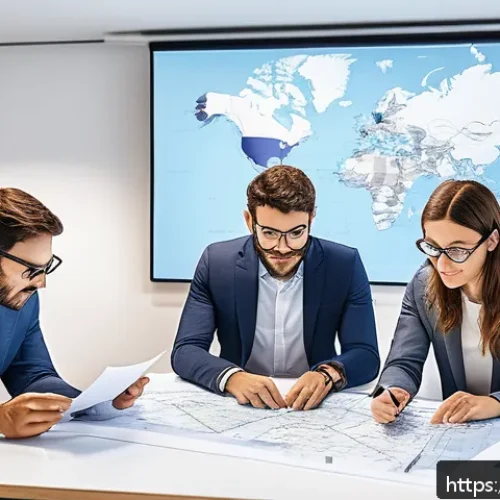 Home 17 지적재산권 전략 수립 과정 - A modern French innovation lab scene showcasing a diverse team of professionals collaborating around...