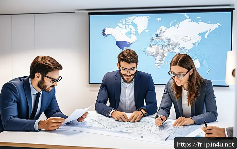 지적재산권 전략 수립 과정 - A modern French innovation lab scene showcasing a diverse team of professionals collaborating around...