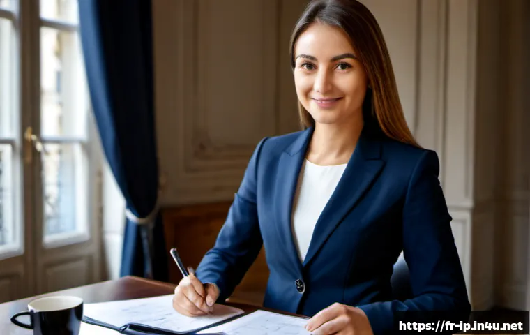 지적재산권 취업 성공 사례 - Photorealistic French intellectual property lawyer celebrating a new career opportunity in a bright ...