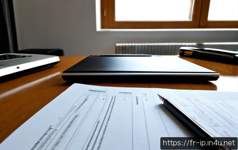 지적재산권 관리 실무 체크리스트 - Photorealistic French intellectual property management workspace, organized desk with unbranded pate...