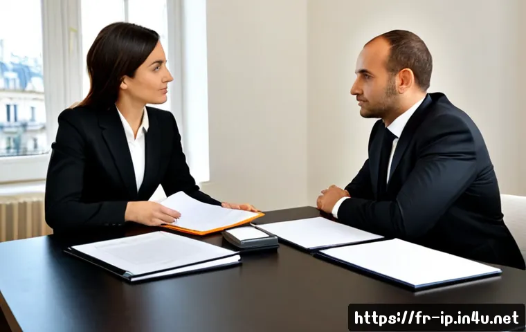 Home 15 지적재산권과 협상의 심리학 - Photorealistic French business negotiation over intellectual property, two professionals seated acro...